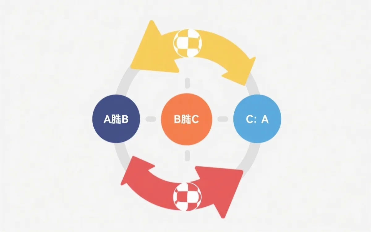 三队同分小循环示意图：A胜B、B胜C、C胜A，并标注净胜球与进球数比较