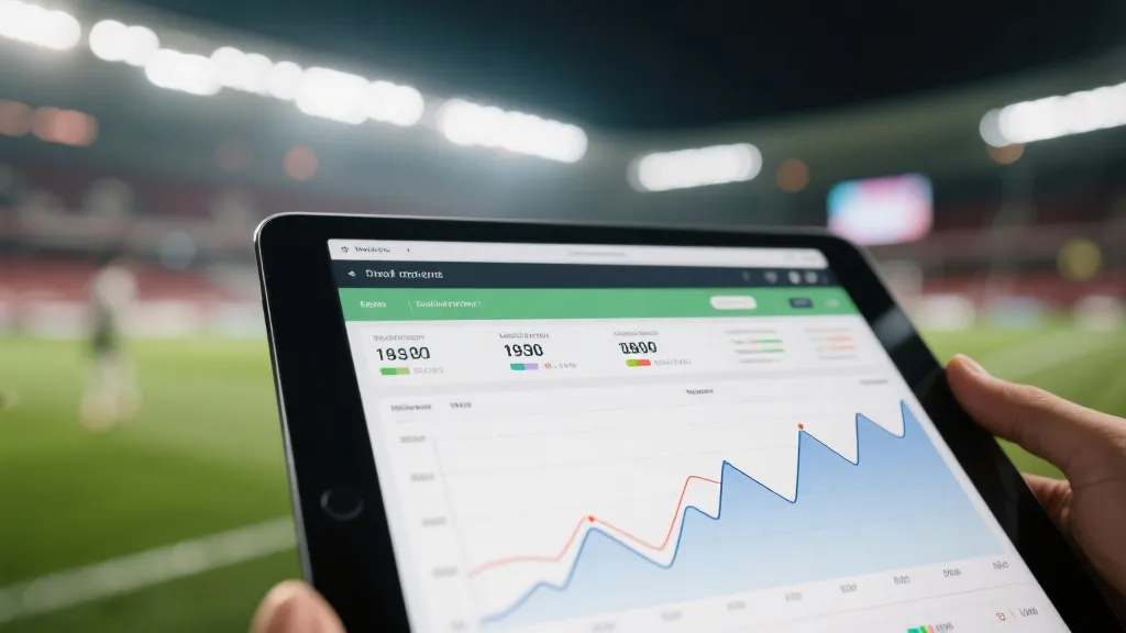 Tablet displaying live sports statistics and line charts, blurred stadium background